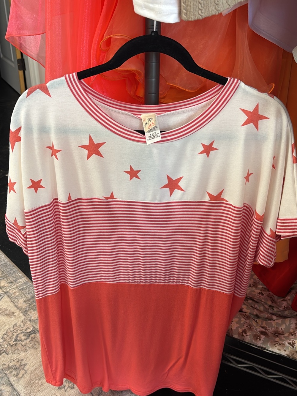 XL 7th Ray Coral and White Star Stripe Short Sleeve Tee